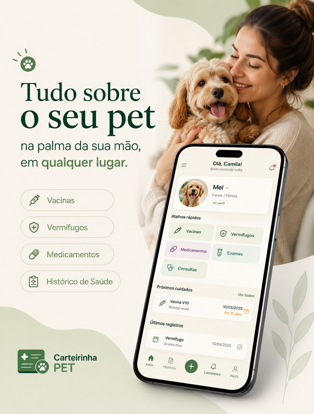Carteirinha Pet exibindo os cuidados e o histórico de saúde de um cachorro